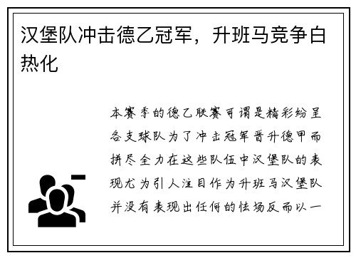 汉堡队冲击德乙冠军，升班马竞争白热化